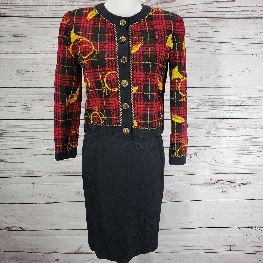 Adrianna Papell 100%Silk Quilted Plaid Horn Baroque Jacket &Skirt Size 2